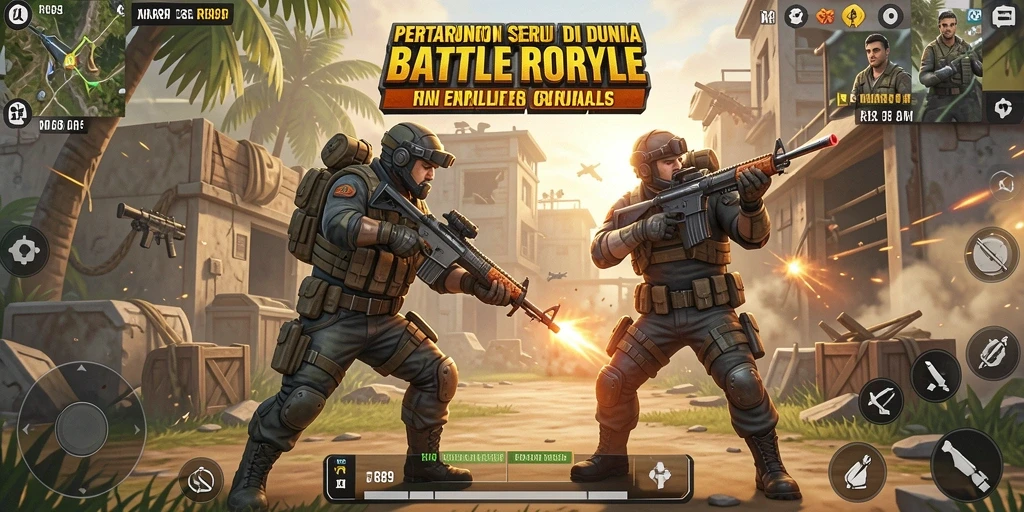 Screenshot yang menunjukkan aksi intens di medan perang Battle Royale.